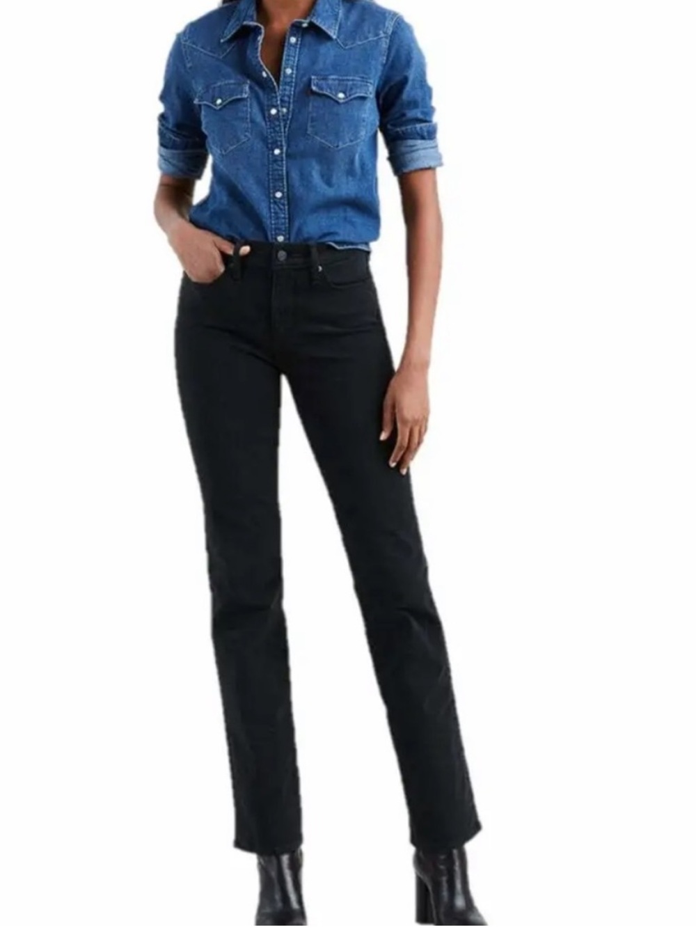 LEVIS Washed Black 314 Shaping Straight Jeans Size 25 Stretch Denim Mid- Rise - Picture 1 of 8